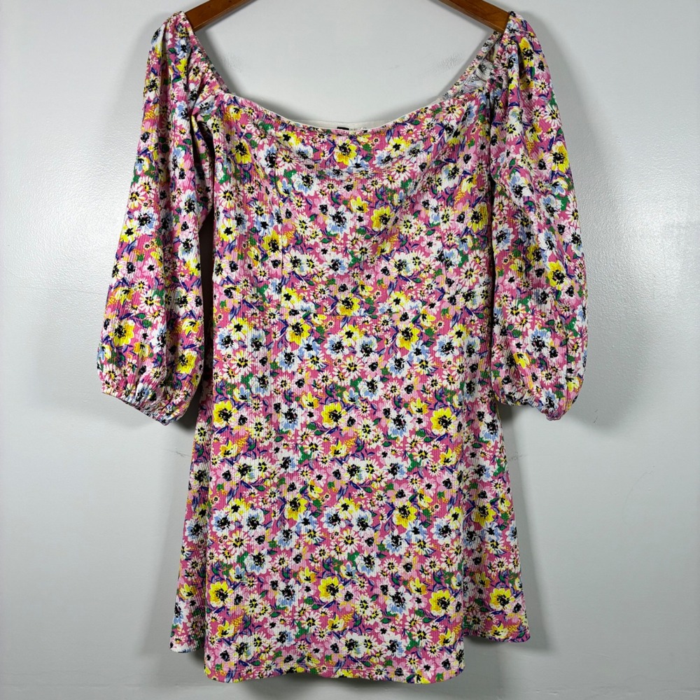 H&M Divided Dress M Floral Mini Smocked Puff Sleeve Boho Cottage Festival Girly